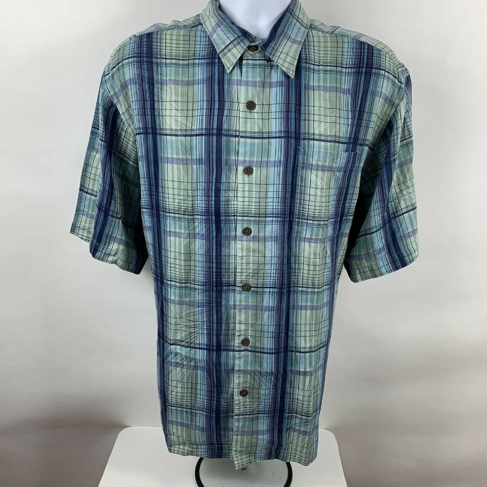 Tommy Bahama Button Down Shirt Men's Large 100% Silk Plaid Short Sleeve Casual